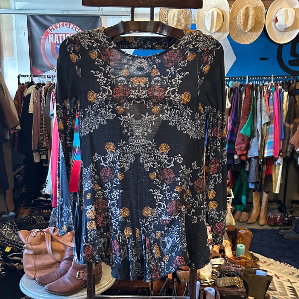 Free People Black and Charcoal Mini Dress with Subtle Rust Accents